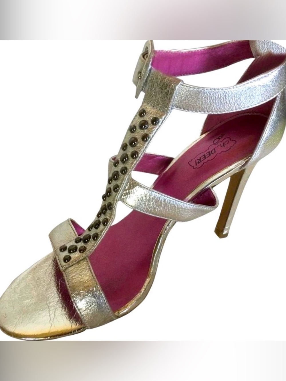 🔴2/$25 Silver metallic stud leather Tstrap4” heel sandal